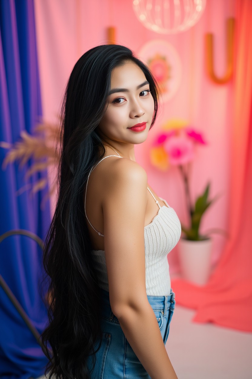A beautiful Indonesian woman named Dewi, 24 years old, with long flowing black hair and fair skin