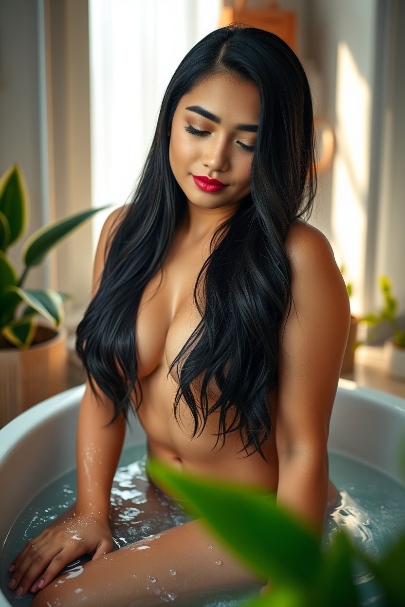 A beautiful Indonesian woman named Dewi, 24 years old, with long flowing black hair and fair skin