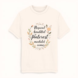 A trendy t-shirt design inspired by Pinterest aesthetics, featuring a minimalist yet stylish graphic that includes botanical elements like leaves and flowers, combined with a subtle pastel color palette