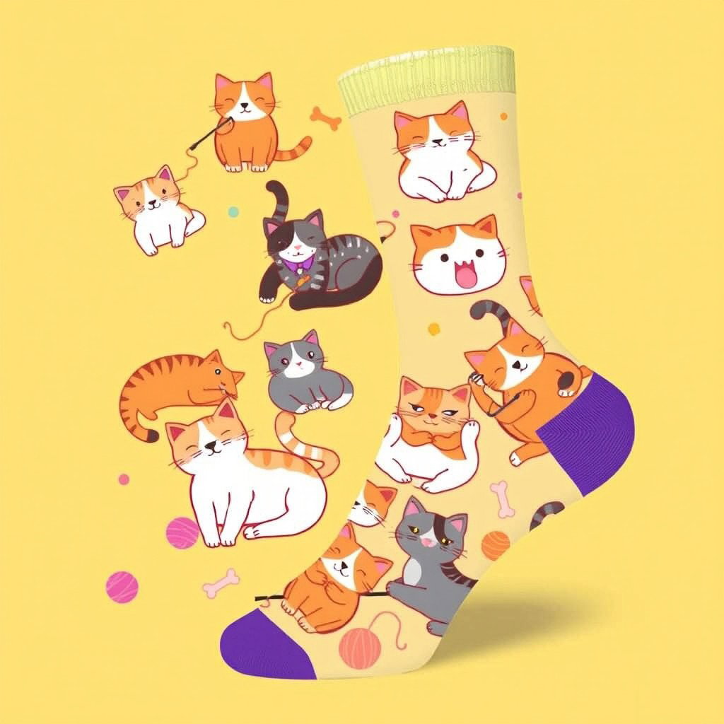A fun and playful sock design featuring a variety of cute and quirky cats in different poses, such as lounging, playing, and stretching