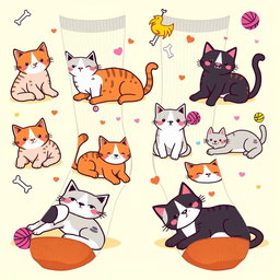 A fun and playful sock design featuring a variety of cute and quirky cats in different poses, such as lounging, playing, and stretching