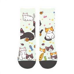 A fun and playful sock design featuring a variety of cute and quirky cats in different poses, such as lounging, playing, and stretching