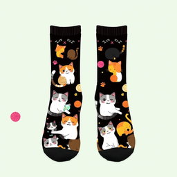 A fun and playful sock design featuring a variety of cute and quirky cats in different poses, such as lounging, playing, and stretching