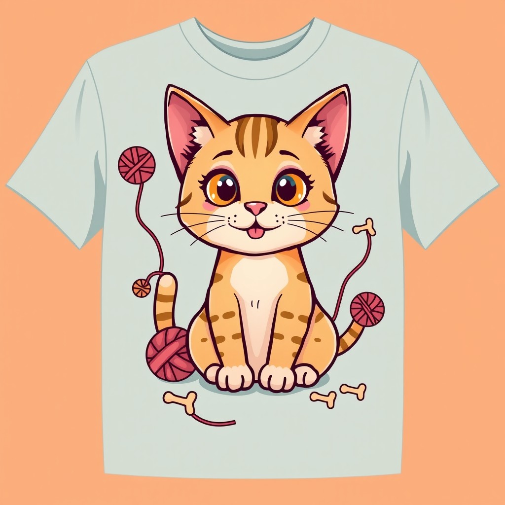 A whimsical t-shirt design featuring a cute and quirky cat illustration