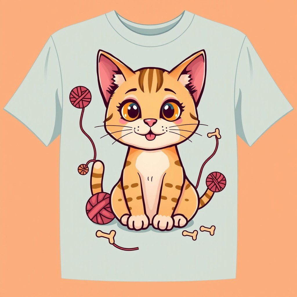 A whimsical t-shirt design featuring a cute and quirky cat illustration