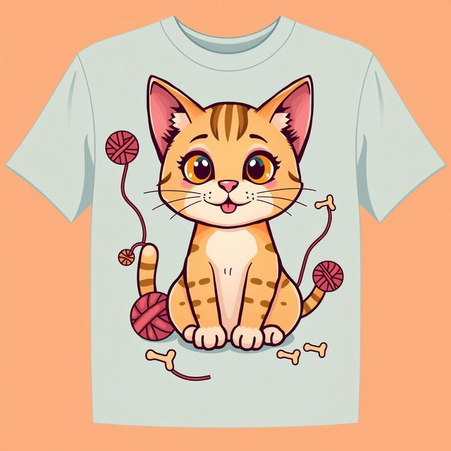 A whimsical t-shirt design featuring a cute and quirky cat illustration