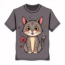A whimsical t-shirt design featuring a cute and quirky cat illustration