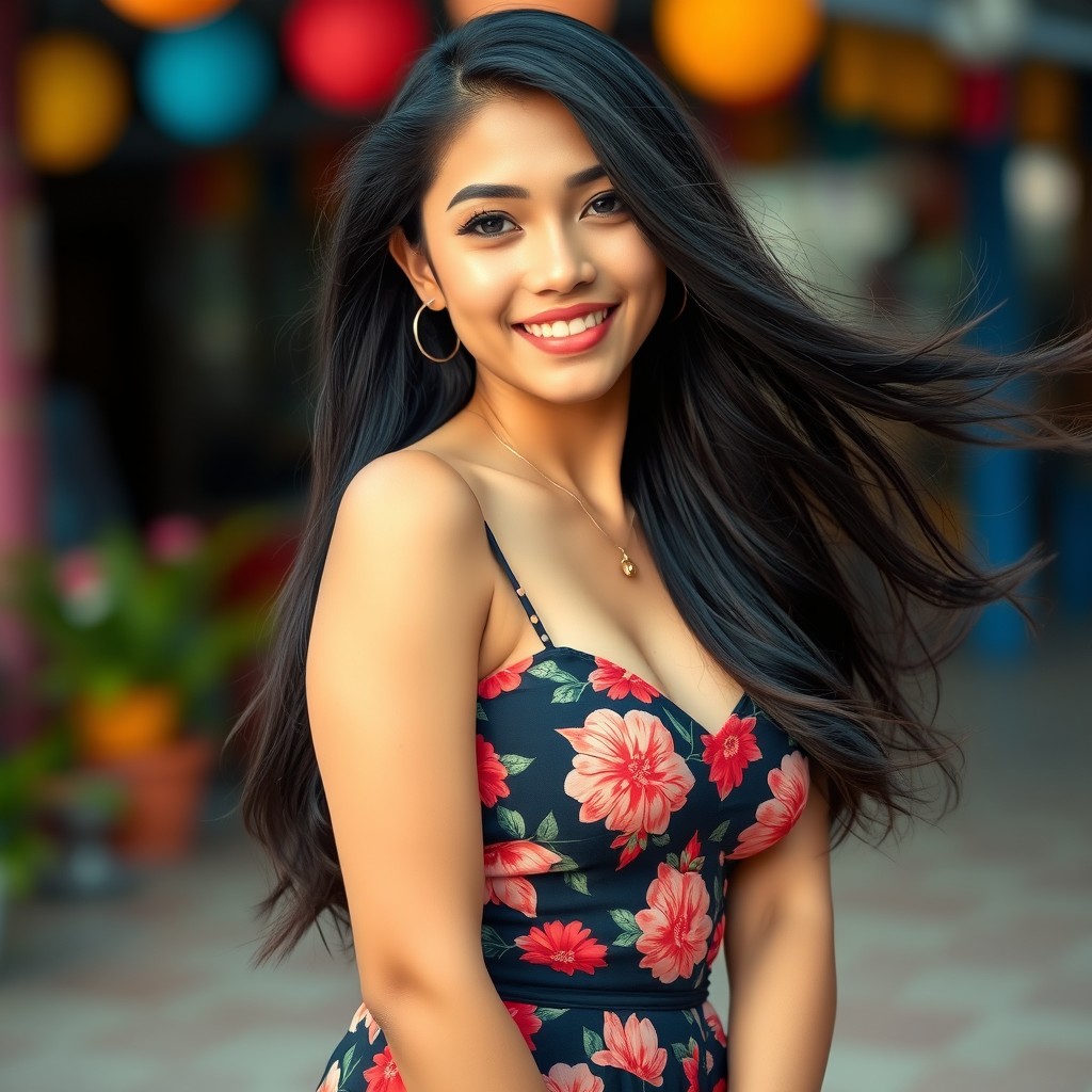 A beautiful 24-year-old Indonesian woman named Dewi with long flowing black hair and fair, clear skin