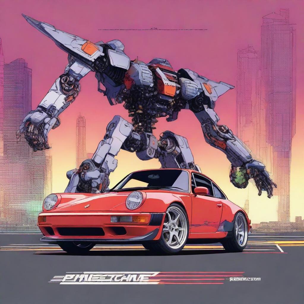 Transform the previously created Porsche 911 poster into a mecha-style, incorporating elements of robotic and mechanical design inspired by Neon Genesis Evangelion