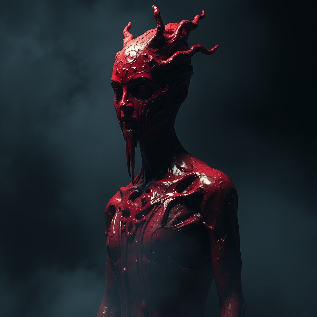 A surreal and eerie depiction of a blood statue, intricately designed with realistic textures that mimic the appearance of coagulated blood