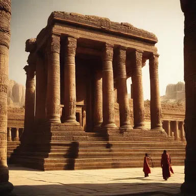 The filmmaker skillfully captured the grandeur of the ancient temple's columniation in a sweeping shot, creating a visually stunning scene in the movie.