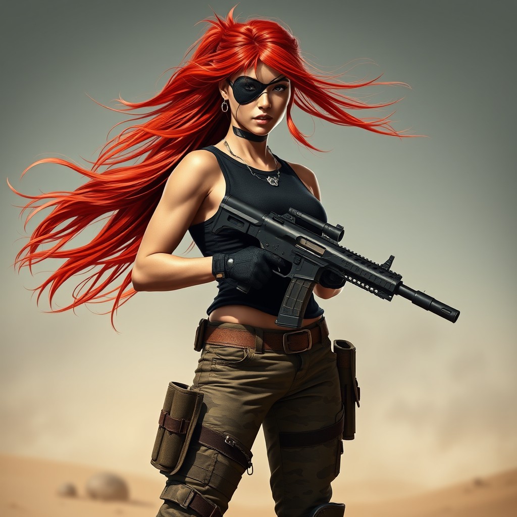 A beautiful athletic woman with striking red hair flowing in the wind