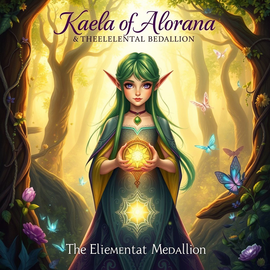 An enchanting cover design for a teen fantasy book titled 'Kaela of Alvoriana and the Elemental Medallion'