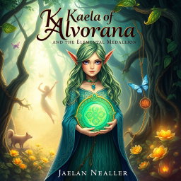 An enchanting cover design for a teen fantasy book titled 'Kaela of Alvoriana and the Elemental Medallion'