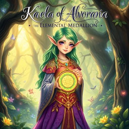 An enchanting cover design for a teen fantasy book titled 'Kaela of Alvoriana and the Elemental Medallion'