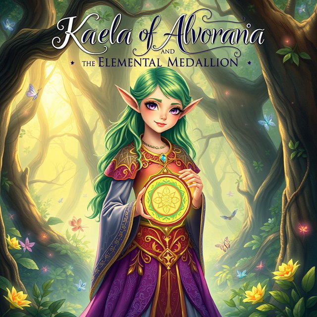 An enchanting cover design for a teen fantasy book titled 'Kaela of Alvoriana and the Elemental Medallion'