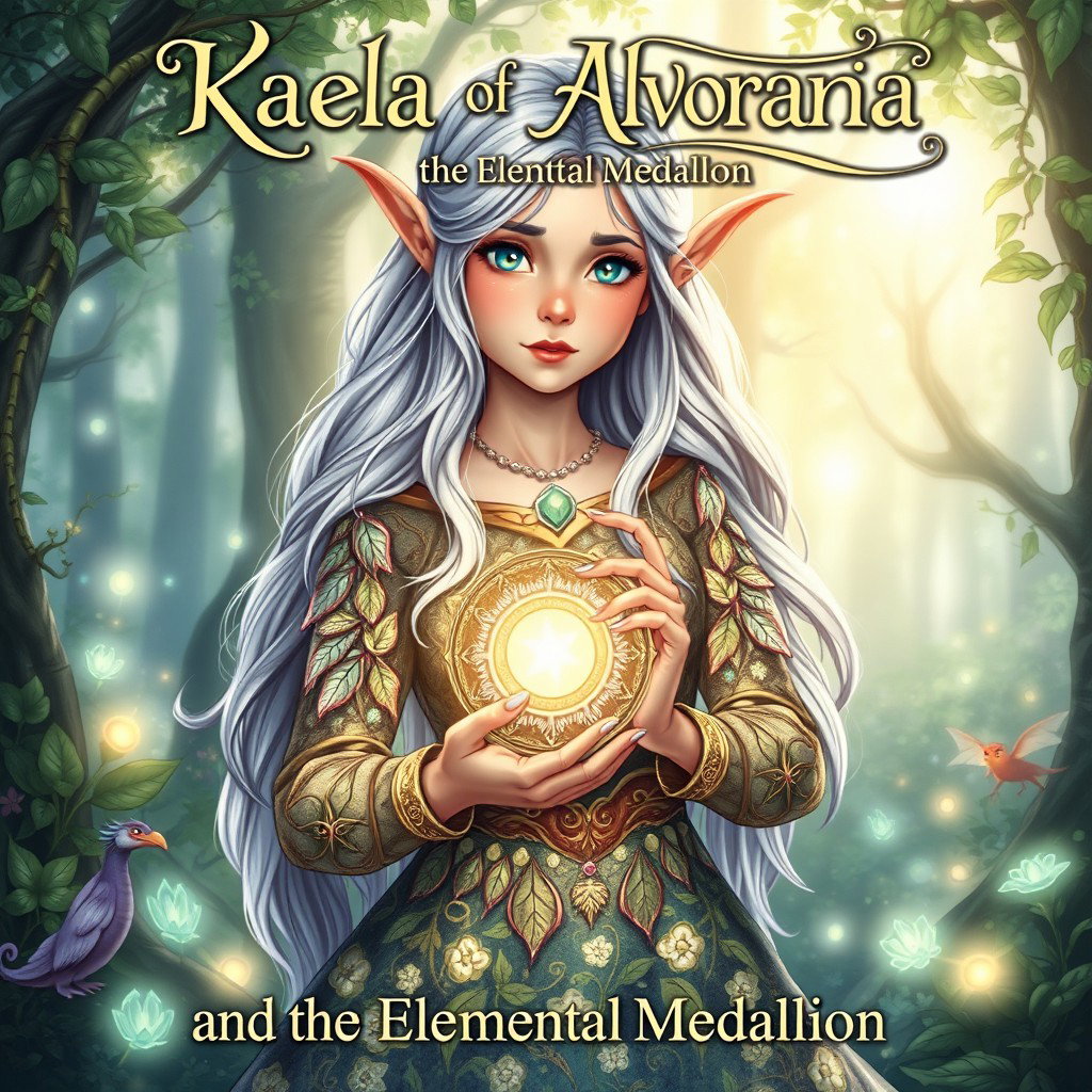 An enchanting cover design for a teen fantasy book titled 'Kaela of Alvoriana and the Elemental Medallion'