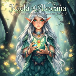 An enchanting cover design for a teen fantasy book titled 'Kaela of Alvoriana and the Elemental Medallion'