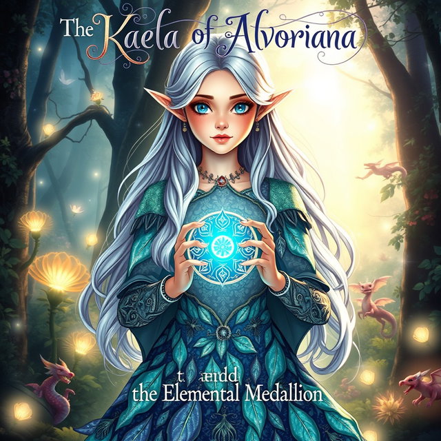An enchanting cover design for a teen fantasy book titled 'Kaela of Alvoriana and the Elemental Medallion'