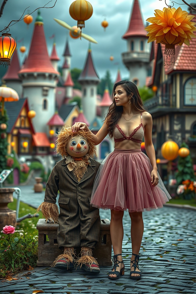 A surreal fairy tale town in the background, featuring whimsical architecture and vibrant colors