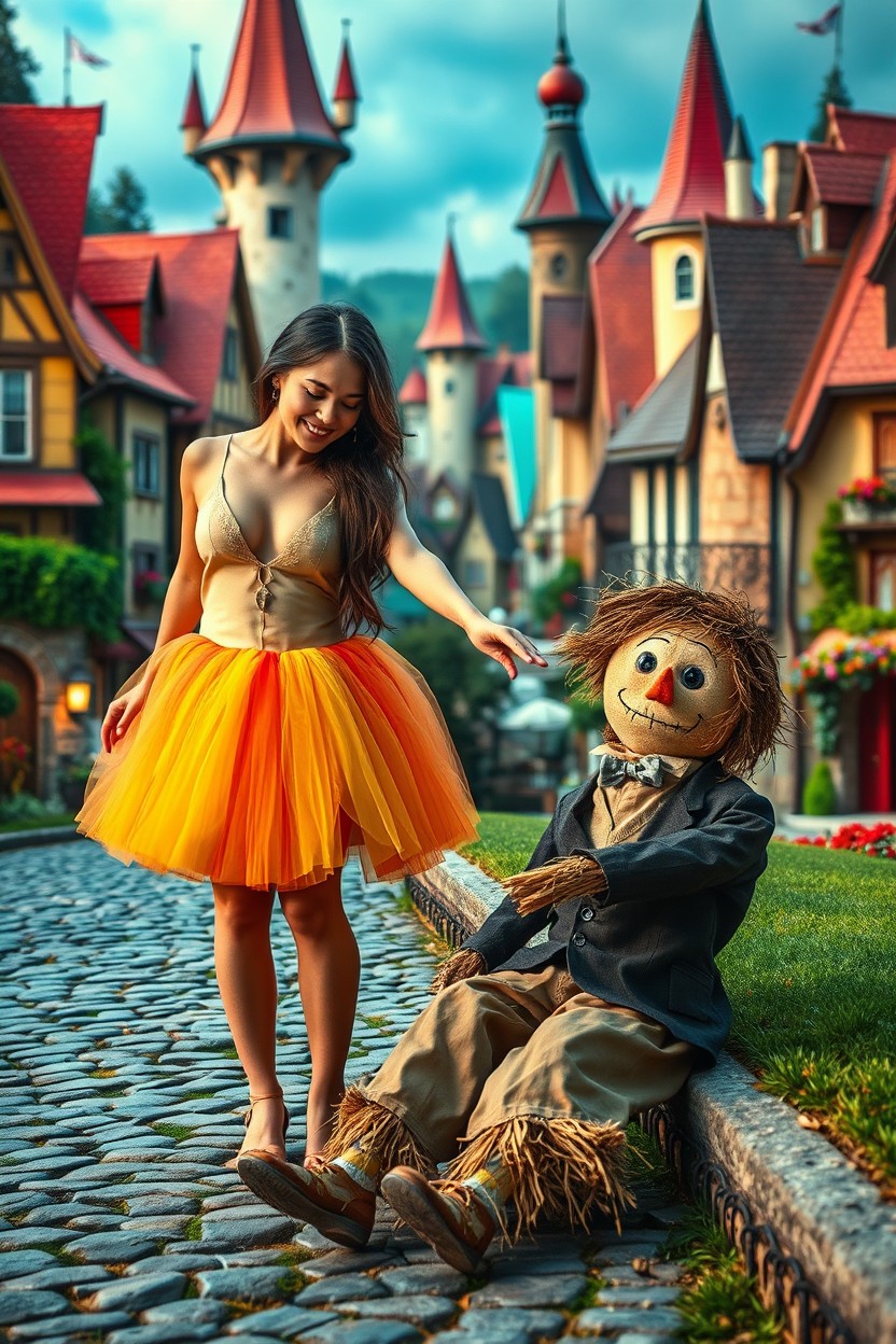 A surreal fairy tale town in the background, featuring charming, whimsical architecture with colorful rooftops and fantastical elements