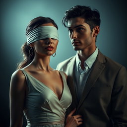 An intriguing scene featuring a blindfolded woman standing next to a man
