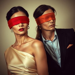 An intriguing scene featuring a blindfolded woman standing next to a man