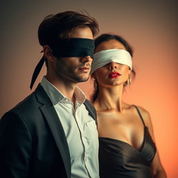 An intriguing scene featuring a blindfolded woman standing next to a man