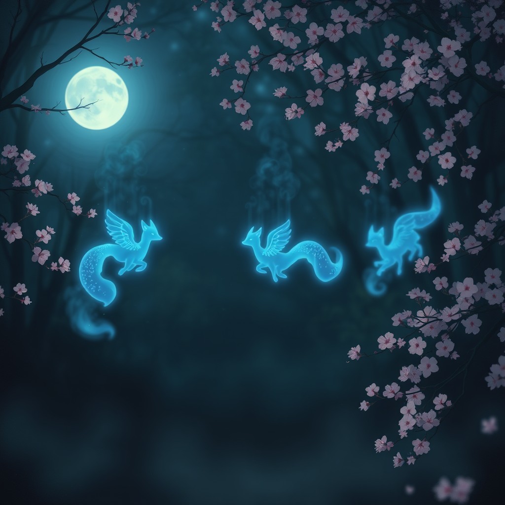 A mystical scene featuring ethereal blue ghosts of kitsune (fox spirits) gracefully floating in a twilight forest, surrounded by glowing cherry blossoms