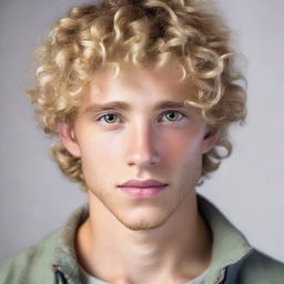 A boyish, feminine man with curly blonde hair and captivating hazel eyes, displaying an intriguing blend of features.