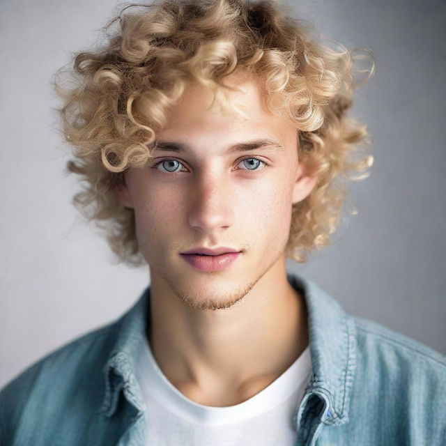 A boyish, feminine man with curly blonde hair and captivating hazel eyes, displaying an intriguing blend of features.