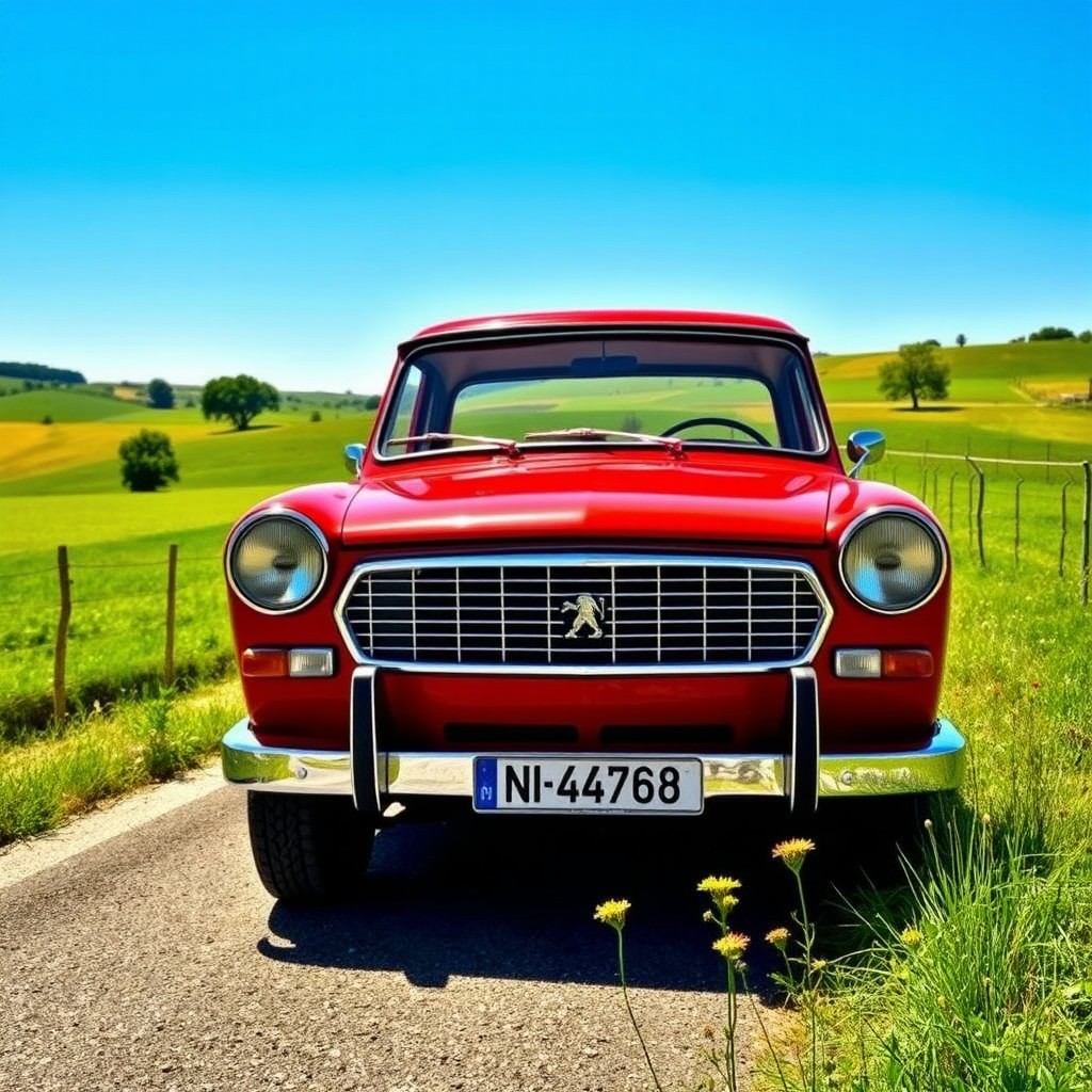 A classic Peugeot 504 pickup truck parked on a scenic countryside road, surrounded by lush green fields and a clear blue sky