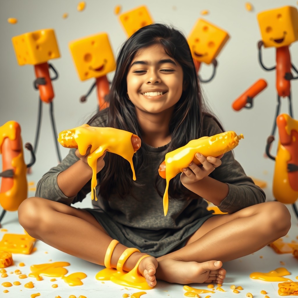 A young Pakistani girl, around 18 years old, joyfully sitting in a criss-cross position, smiling with her eyes closed