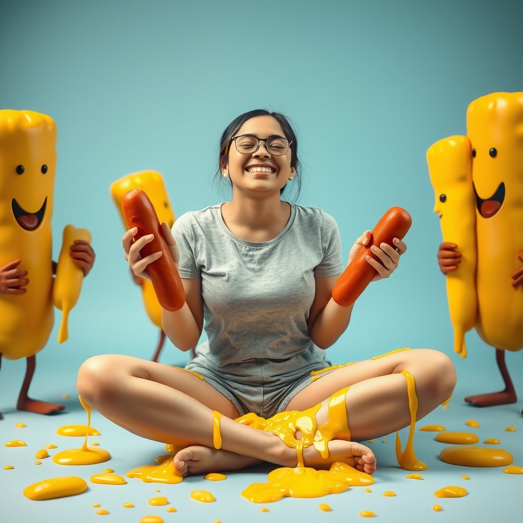 A young woman of South Asian descent sitting in a criss-cross position, smiling with her eyes closed, surrounded by whimsical cartoonish characters with cheesy kielbasa for heads