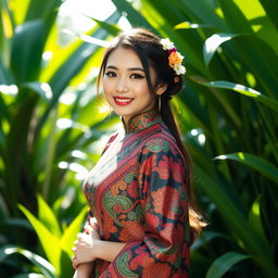 A beautiful young woman in a traditional outfit called a 'kemben', showcasing intricate batik patterns and vibrant colors