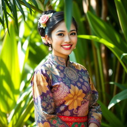 A beautiful young woman in a traditional outfit called a 'kemben', showcasing intricate batik patterns and vibrant colors