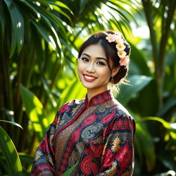 A beautiful young woman in a traditional outfit called a 'kemben', showcasing intricate batik patterns and vibrant colors