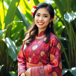 A beautiful young woman in a traditional outfit called a 'kemben', showcasing intricate batik patterns and vibrant colors