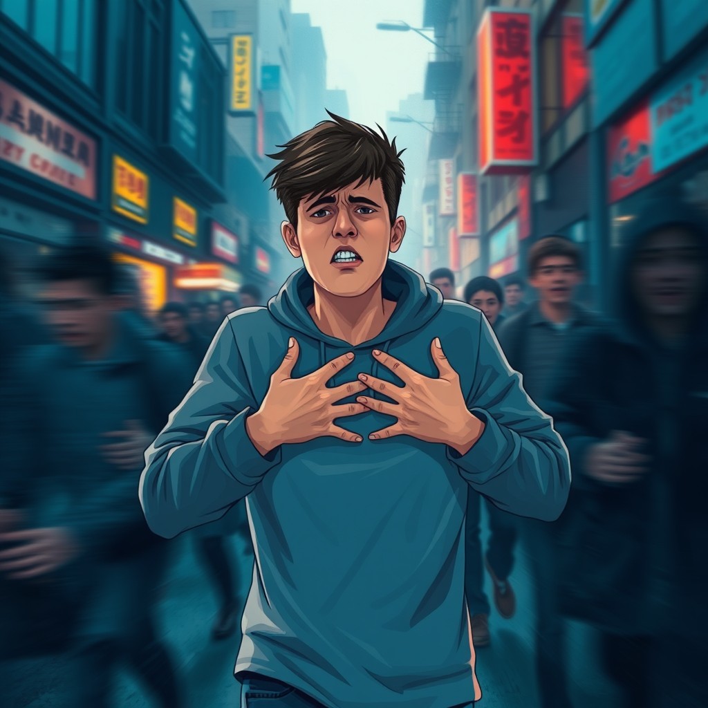 A visually striking illustration capturing the intense scenario of an asthma attack in a dramatic and emotive way