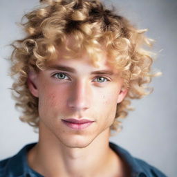 A boyish, feminine man with curly blonde hair and captivating hazel eyes, displaying an intriguing blend of features.