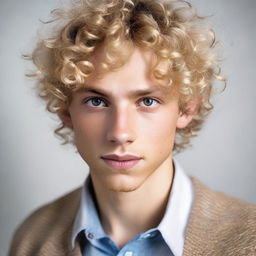 A boyish, feminine man with curly blonde hair and captivating hazel eyes, displaying an intriguing blend of features.