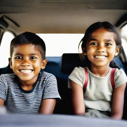 A young boy and girl comfortably seated inside a car, their faces filled with joy and curiosity