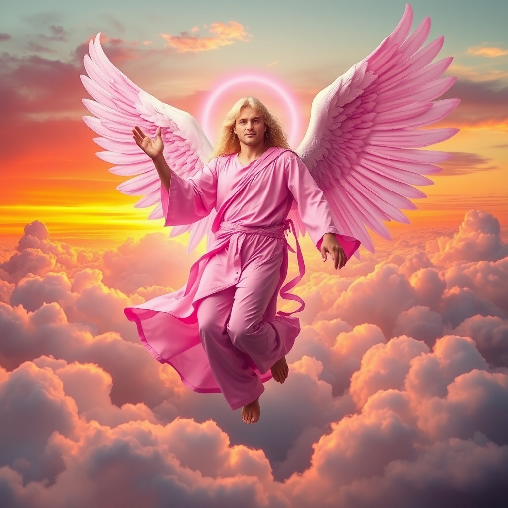 A male archangel dressed in pink clothing, radiating a soft pink energy from his body