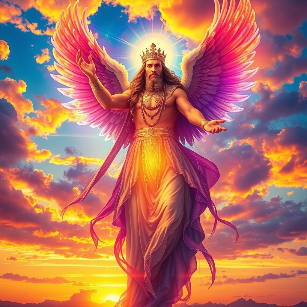 The Archangel Metatron depicted as a majestic man, surrounded by vibrant, colorful clouds at sunset, symbolizing a scene filled with hope