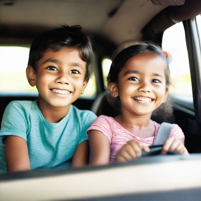 A young boy and girl comfortably seated inside a car, their faces filled with joy and curiosity