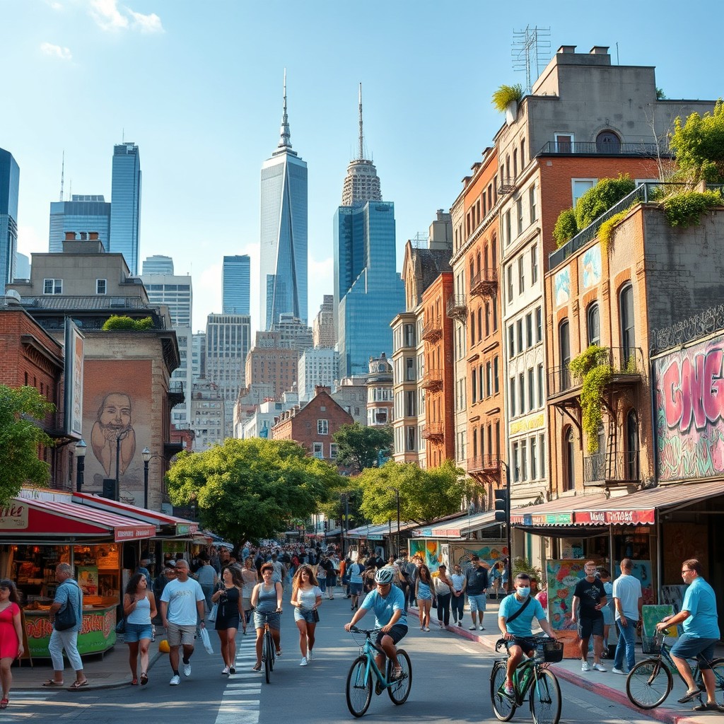 A vibrant urban scene stitched together from various city elements