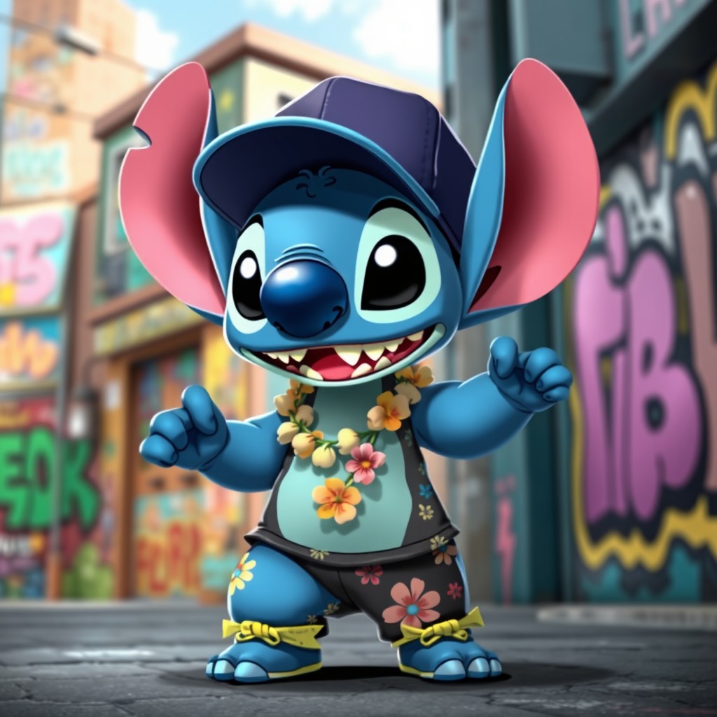 A stylized, urban representation of Stitch from Lilo and Stitch, showcasing him with graffiti art in the background