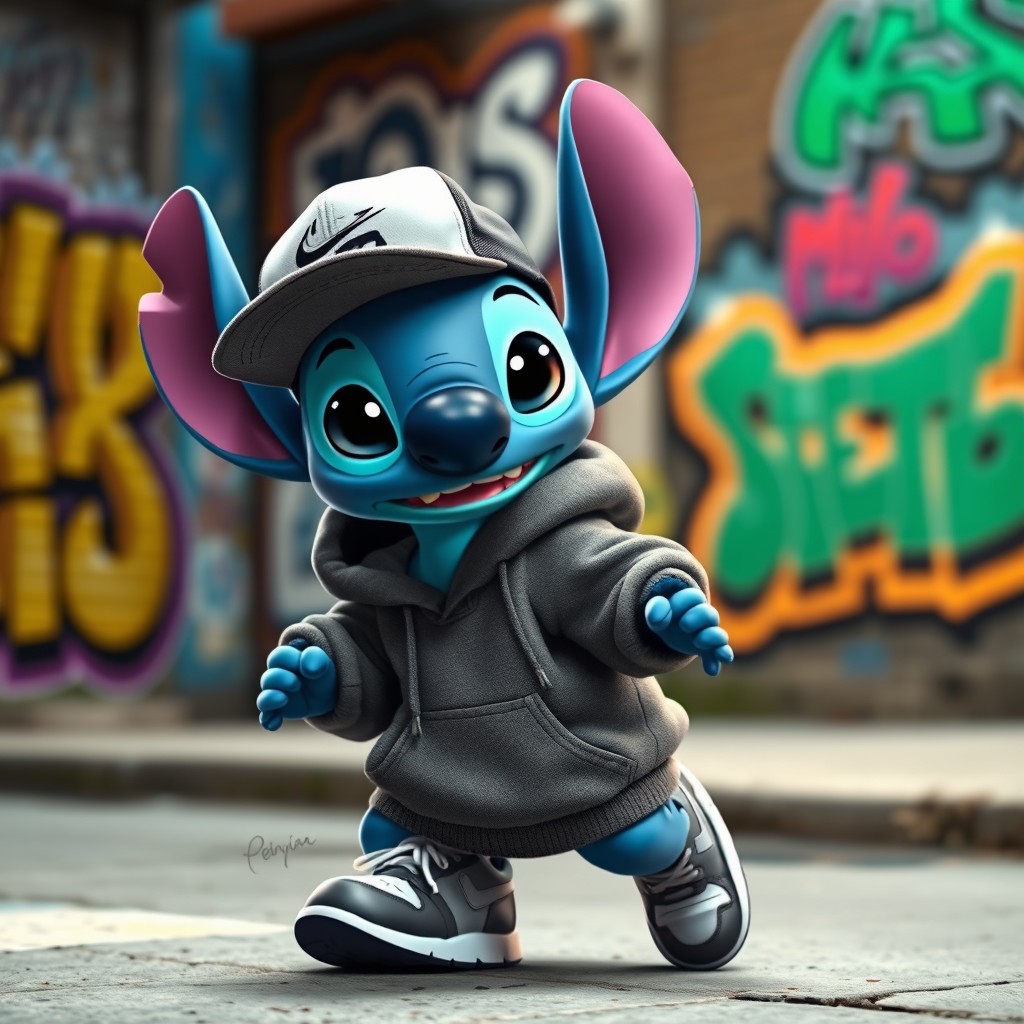 A cute blue alien experiment named Stitch from Disney's Lilo and Stitch, dressed in urban attire