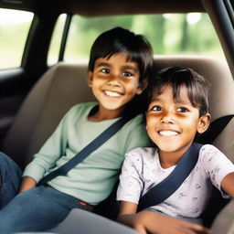 A young boy and girl comfortably seated inside a car, their faces filled with joy and curiosity