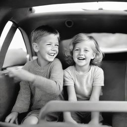 A young boy and girl comfortably seated inside a car, their faces filled with joy and curiosity